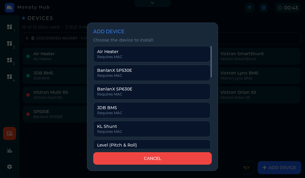 The Add device type picker: a scrollable list of device types, each with a credential hint like "Requires MAC"