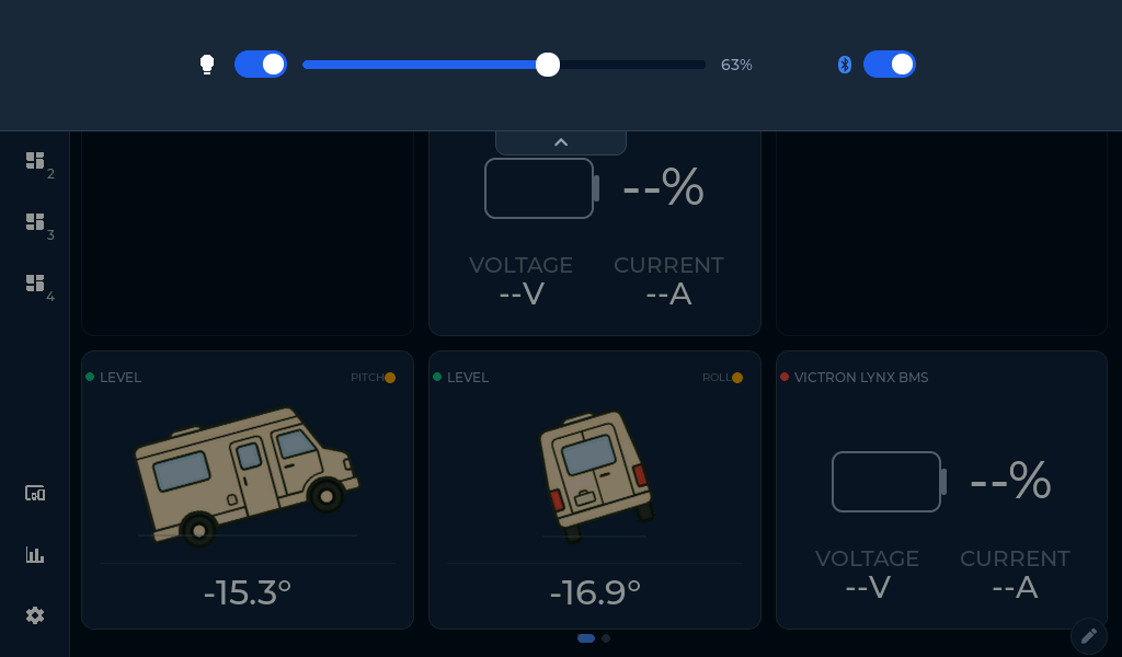 The quick-settings shade pulled down over a dashboard: screen switch, brightness slider at 63%, and a Bluetooth switch