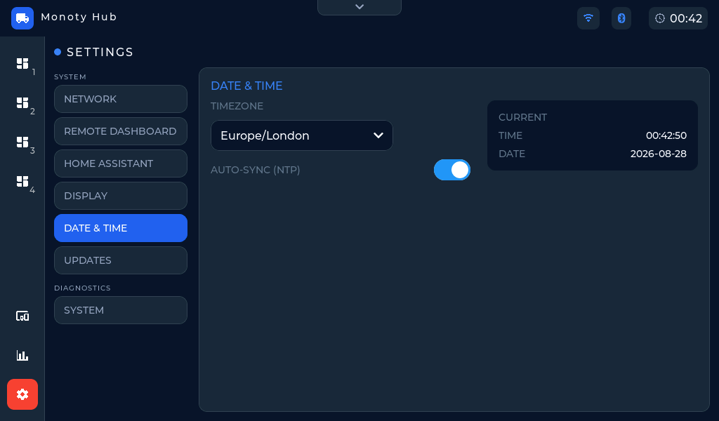 The Date & Time settings tab: timezone dropdown, auto-sync toggle, and the live time and date column