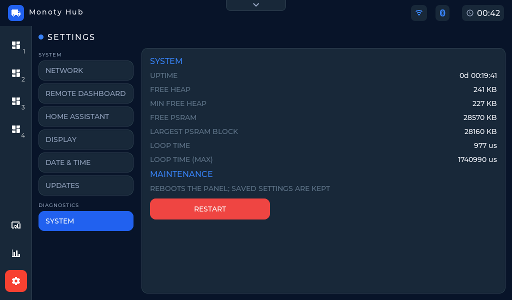 The System diagnostics tab: uptime, memory, and loop-time rows, with the Maintenance section's Restart button