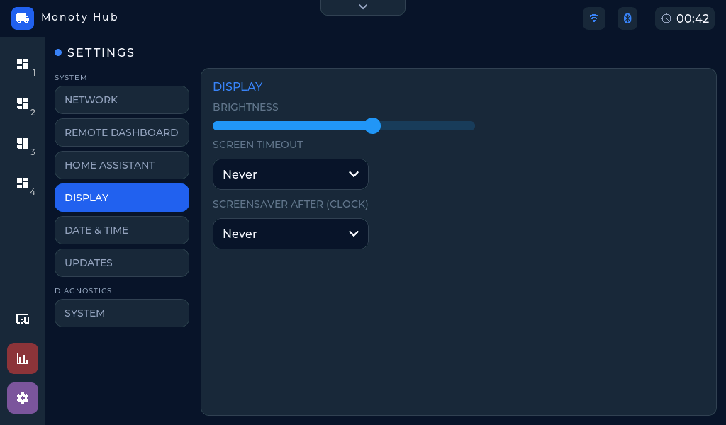 The Display settings tab: brightness slider, screen timeout dropdown, and screensaver dropdown