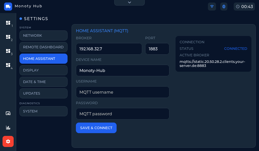 The Home Assistant settings tab: broker and port fields, device name, username and password, Save & connect button, the Activate MQTT switch, and the connection status card