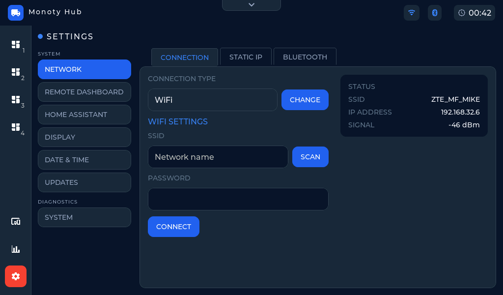 The Network settings Connection tab: connection type, WiFi SSID and password fields, and the live status column showing SSID, IP address, and signal