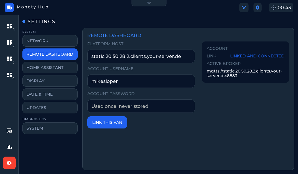 The Remote Dashboard settings tab: account username and account password fields with the Link this van button and the Activate remote dashboard switch, and the link-status card