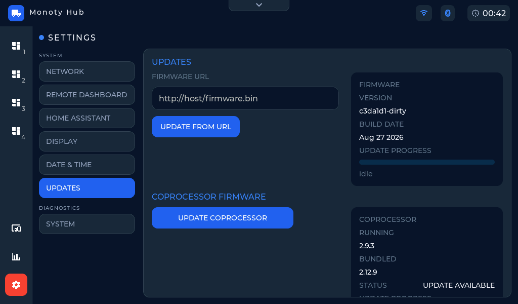 The Updates settings tab: firmware URL field with Update from URL button, the firmware version card, and the co-processor section